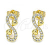 Oro Laminado Stud Earring, Gold Filled Style Infinite and Heart Design, with White Micro Pave, Polished, Golden Finish, 02.210.0509