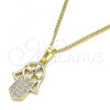 Oro Laminado Pendant Necklace, Gold Filled Style Hand of God Design, with White Micro Pave and White Cubic Zirconia, Polished, Golden Finish, 04.210.0055.20
