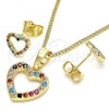 Oro Laminado Earring and Pendant Adult Set, Gold Filled Style Heart Design, with Multicolor Micro Pave, Polished, Golden Finish, 10.233.0043.2