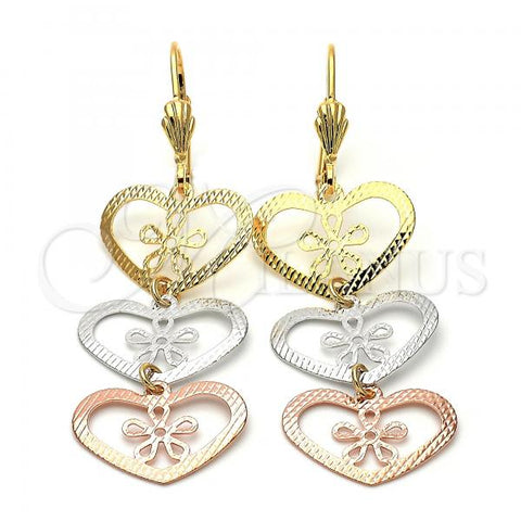 Oro Laminado Long Earring, Gold Filled Style Heart and Flower Design, Diamond Cutting Finish, Tricolor, 5.117.017
