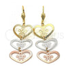 Oro Laminado Long Earring, Gold Filled Style Heart and Flower Design, Diamond Cutting Finish, Tricolor, 5.117.017