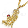 Oro Laminado Religious Pendant, Gold Filled Style San Lazaro Design, with White and Garnet Cubic Zirconia, Polished, Golden Finish, 05.120.0037