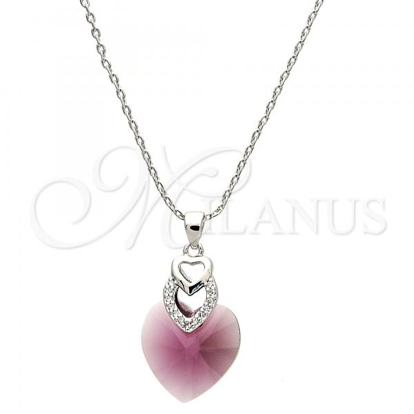 Rhodium Plated Pendant Necklace, Heart Design, with Amethyst Swarovski Crystals and White Micro Pave, Polished, Rhodium Finish, 04.239.0004.1.16