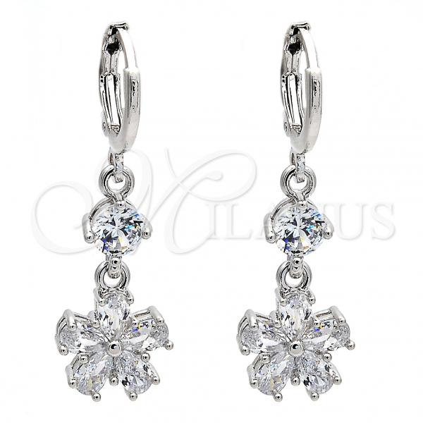 Rhodium Plated Long Earring, Flower Design, with White Cubic Zirconia, Polished, Rhodium Finish, 02.206.0047