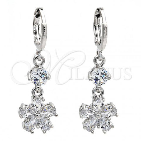 Rhodium Plated Long Earring, Flower Design, with White Cubic Zirconia, Polished, Rhodium Finish, 02.206.0047