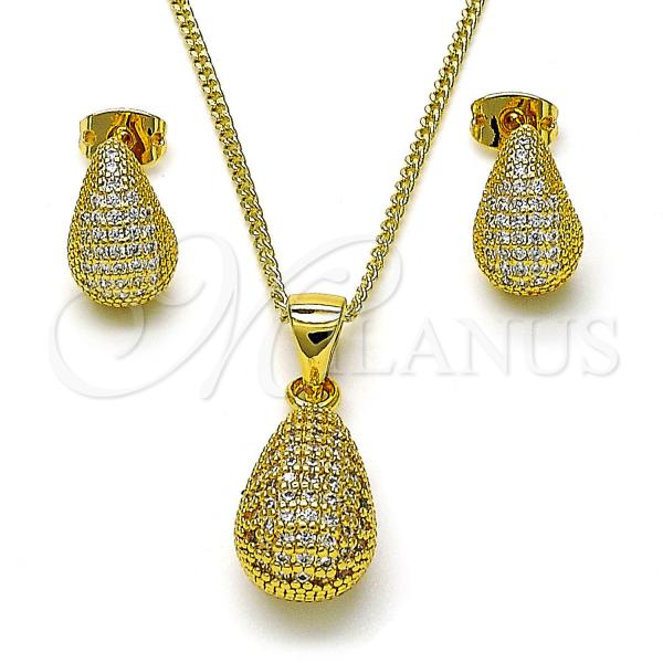 Oro Laminado Earring and Pendant Adult Set, Gold Filled Style Teardrop Design, with White Micro Pave, Polished, Golden Finish, 10.342.0170