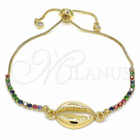 Oro Laminado Adjustable Bolo Bracelet, Gold Filled Style Shell Design, with Multicolor Cubic Zirconia, Polished, Golden Finish, 03.63.2085.11