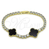 Oro Laminado Fancy Bracelet, Gold Filled Style Four-leaf Clover Design, with Black Mother of Pearl and White Cubic Zirconia, Polished, Golden Finish, 03.284.0048.1.07