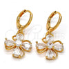 Oro Laminado Dangle Earring, Gold Filled Style Flower and Teardrop Design, with White Cubic Zirconia, Polished, Golden Finish, 02.217.0054