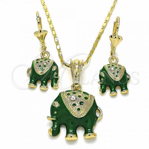 Oro Laminado Earring and Pendant Adult Set, Gold Filled Style Elephant Design, with White Crystal, Green Enamel Finish, Golden Finish, 10.351.0004.2