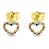 Oro Laminado Stud Earring, Gold Filled Style Heart Design, with Multicolor Micro Pave, Polished, Golden Finish, 02.233.0049.2