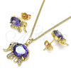 Oro Laminado Earring and Pendant Adult Set, Gold Filled Style Elephant Design, with Amethyst Cubic Zirconia and White Micro Pave, Polished, Golden Finish, 10.210.0125.3