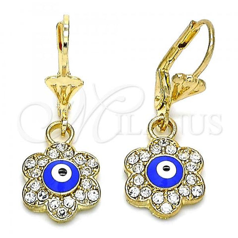 Oro Laminado Dangle Earring, Gold Filled Style Evil Eye and Flower Design, with White Crystal, Blue Enamel Finish, Golden Finish, 02.380.0083.1
