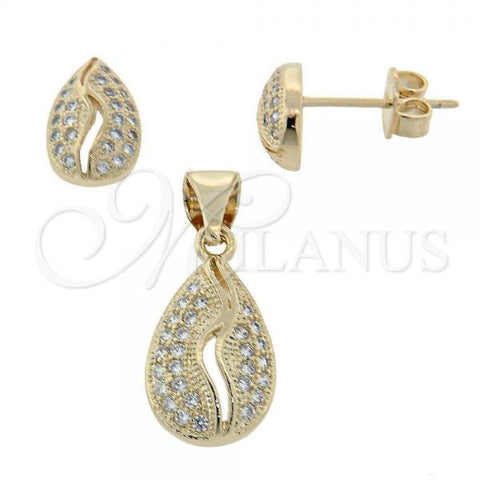Oro Laminado Earring and Pendant Adult Set, Gold Filled Style Teardrop Design, with White Micro Pave, Polished, Golden Finish, 10.156.0030