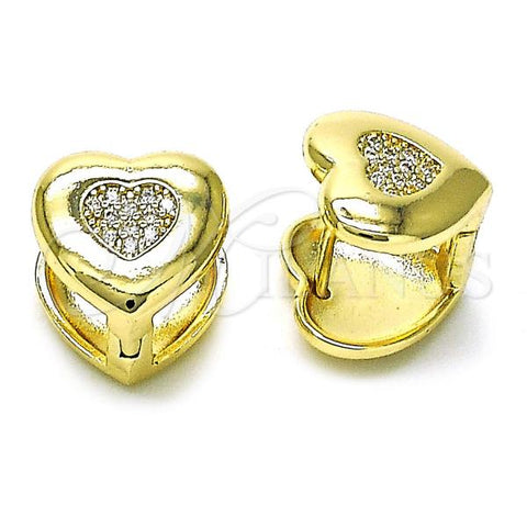 Oro Laminado Huggie Hoop, Gold Filled Style Heart Design, with White Micro Pave, Polished, Golden Finish, 02.204.0001.12
