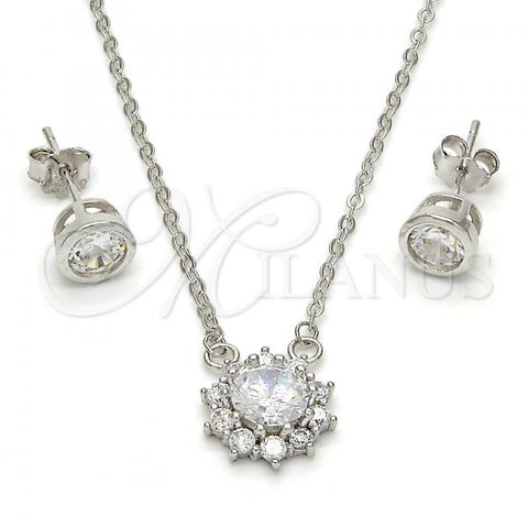 Sterling Silver Earring and Pendant Adult Set, Flower Design, with White Cubic Zirconia, Polished, Rhodium Finish, 10.186.0009