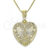 Oro Laminado Pendant Necklace, Gold Filled Style Heart and Guadalupe Design, Polished, Golden Finish, 04.351.0016.1.20