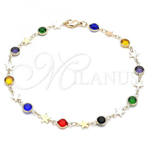 Oro Laminado Fancy Anklet, Gold Filled Style Star Design, with Multicolor Crystal, Polished, Golden Finish, 03.213.0124.10