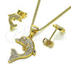 Oro Laminado Earring and Pendant Adult Set, Gold Filled Style Dolphin Design, with White Micro Pave, Polished, Golden Finish, 10.342.0113