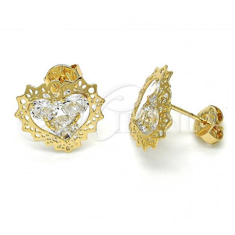 Oro Laminado Stud Earring, Gold Filled Style Heart Design, with White Cubic Zirconia, Polished, Golden Finish, 02.106.0028