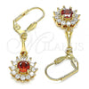 Oro Laminado Long Earring, Gold Filled Style Flower Design, with Garnet and White Cubic Zirconia, Polished, Golden Finish, 02.387.0055.1
