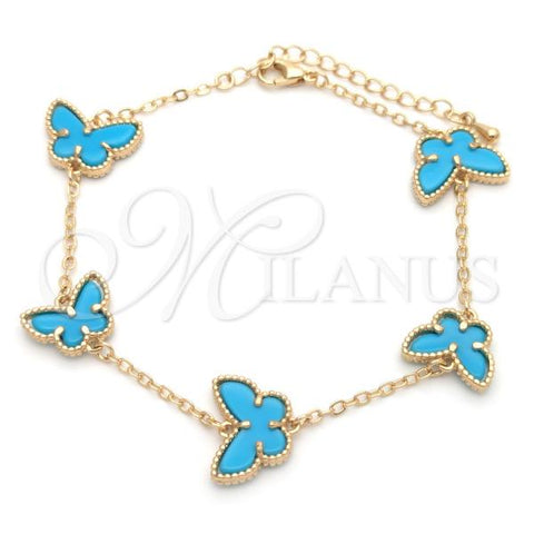 Oro Laminado Fancy Bracelet, Gold Filled Style Butterfly Design, Turquoise Enamel Finish, Golden Finish, 03.416.0002.3.07