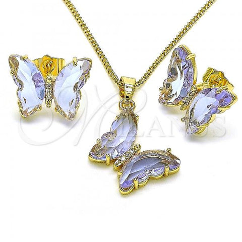 Oro Laminado Earring and Pendant Adult Set, Gold Filled Style Butterfly Design, with Provence Lavander Crystal and White Micro Pave, Polished, Golden Finish, 10.284.0024.5