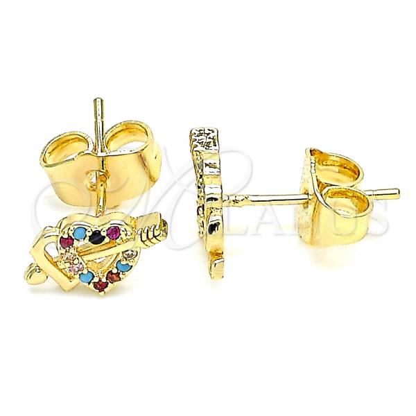 Oro Laminado Stud Earring, Gold Filled Style Heart Design, with Multicolor Micro Pave, Polished, Golden Finish, 02.233.0050.2