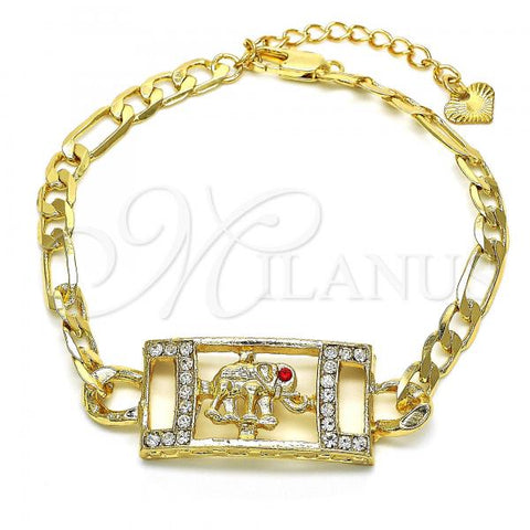 Oro Laminado Fancy Bracelet, Gold Filled Style Elephant Design, with White and Garnet Crystal, Polished, Golden Finish, 03.351.0041.07