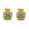 Oro Laminado Stud Earring, Gold Filled Style with Amethyst Cubic Zirconia and White Micro Pave, Polished, Golden Finish, 02.344.0082.3