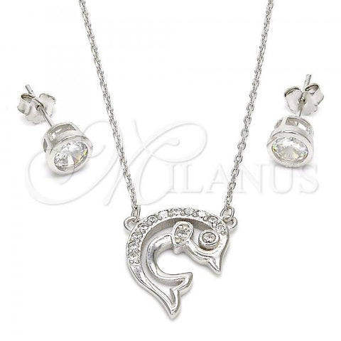 Sterling Silver Earring and Pendant Adult Set, Dolphin Design, with White Cubic Zirconia, Polished, Rhodium Finish, 10.186.0012