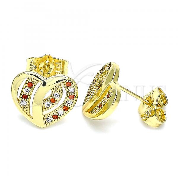 Oro Laminado Stud Earring, Gold Filled Style Heart Design, with Garnet and White Micro Pave, Polished, Golden Finish, 02.199.0033.1