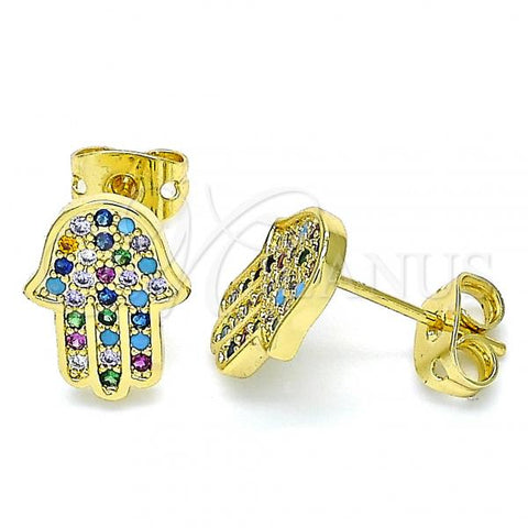 Oro Laminado Stud Earring, Gold Filled Style Hand of God Design, with Multicolor Micro Pave, Polished, Golden Finish, 02.341.0058