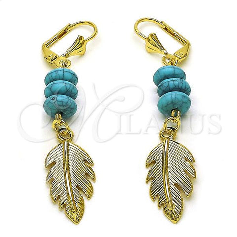 Oro Laminado Long Earring, Gold Filled Style Leaf Design, with Turquoise Crystal, Polished, Golden Finish, 02.414.0008