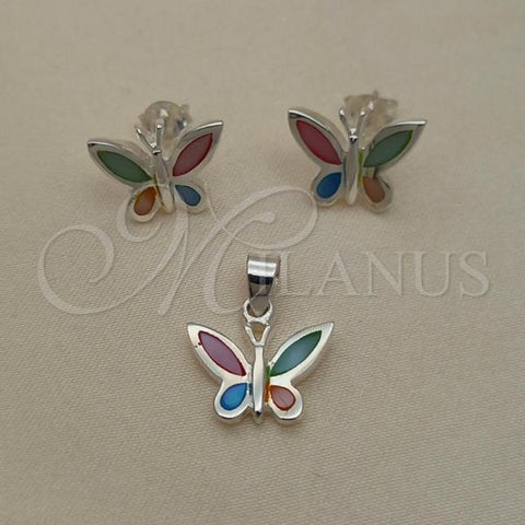 Sterling Silver Earring and Pendant Adult Set, Butterfly Design, with Multicolor Mother of Pearl, Polished, Silver Finish, 10.399.0008