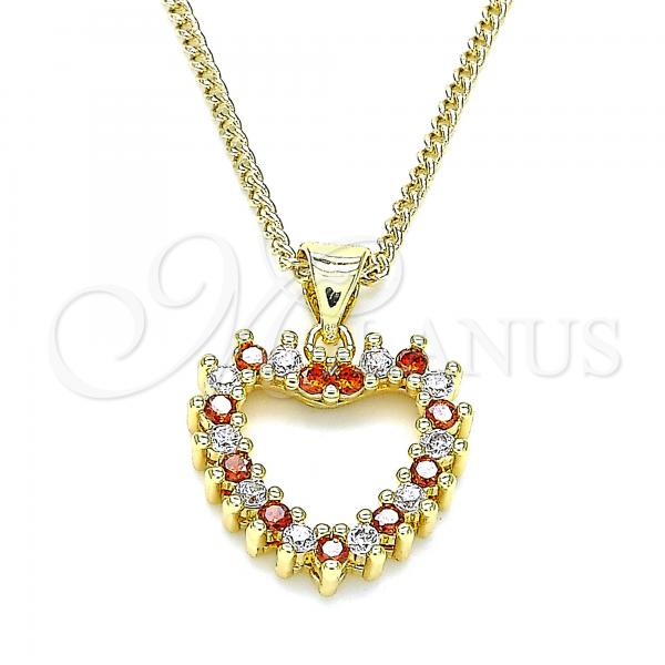 Oro Laminado Pendant Necklace, Gold Filled Style Heart Design, with Garnet and White Cubic Zirconia, Polished, Golden Finish, 04.156.0363.1.20