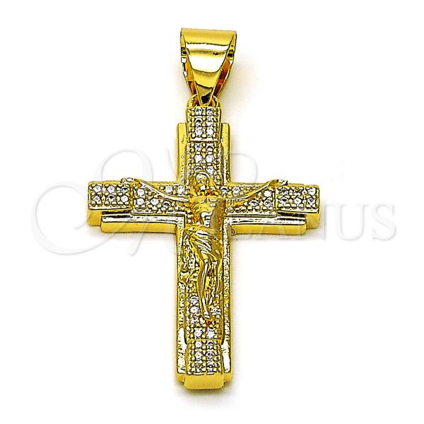 Oro Laminado Religious Pendant, Gold Filled Style Cross and Crucifix Design, with White Micro Pave, Polished, Golden Finish, 05.342.0217