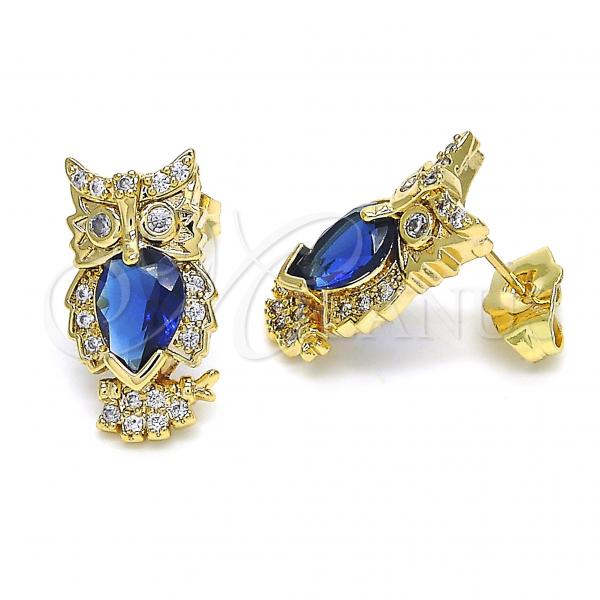 Oro Laminado Stud Earring, Gold Filled Style Owl Design, with Sapphire Blue and White Cubic Zirconia, Polished, Golden Finish, 02.210.0161.2