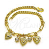 Oro Laminado Charm Bracelet, Gold Filled Style Heart and Paperclip Design, with White Crystal, Polished, Golden Finish, 03.63.2233.07