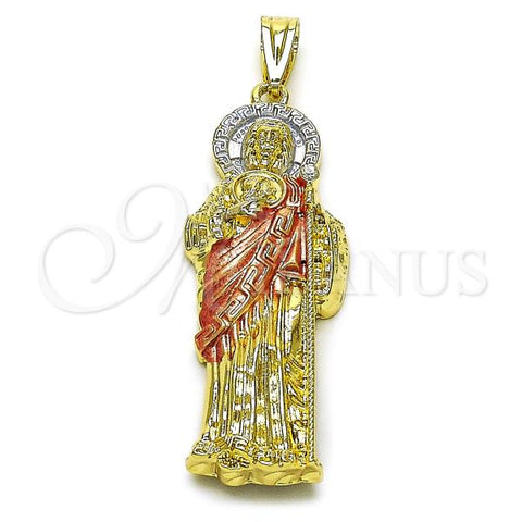 Oro Laminado Religious Pendant, Gold Filled Style San Judas and Greek Key Design, Polished, Tricolor, 05.411.0067