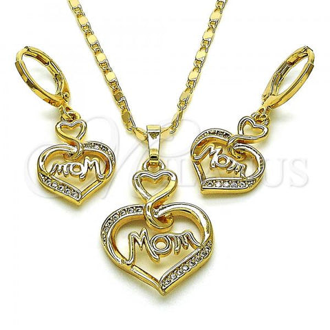 Oro Laminado Earring and Pendant Adult Set, Gold Filled Style Heart and Mom Design, with White Micro Pave, Polished, Golden Finish, 10.196.0066.1