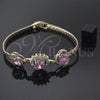 Oro Laminado Fancy Bracelet, Gold Filled Style Flower and Cluster Design, with Violet and White Cubic Zirconia, Diamond Cutting Finish, Golden Finish, 26.006