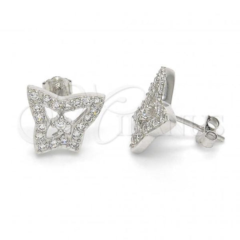 Sterling Silver Stud Earring, Butterfly Design, with White Cubic Zirconia, Polished, Rhodium Finish, 02.186.0108