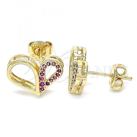 Oro Laminado Stud Earring, Gold Filled Style Heart Design, with Ruby Micro Pave, Polished, Golden Finish, 02.156.0457.1