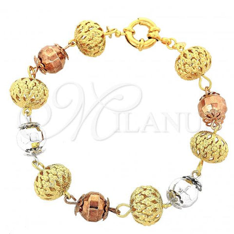 Oro Laminado Fancy Bracelet, Gold Filled Style Ball Design, Polished, Tricolor, 5.006.006