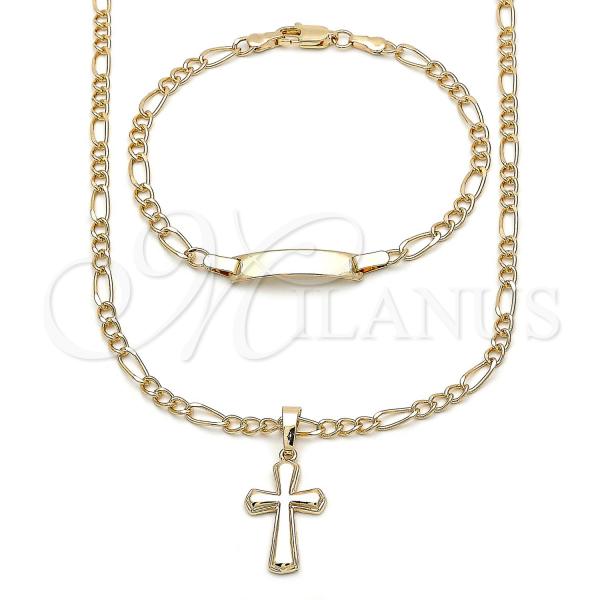 Oro Laminado Necklace and Bracelet, Gold Filled Style Cross and Figaro Design, Polished, Golden Finish, 06.63.0280