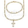 Oro Laminado Necklace and Bracelet, Gold Filled Style Cross and Figaro Design, Polished, Golden Finish, 06.63.0280