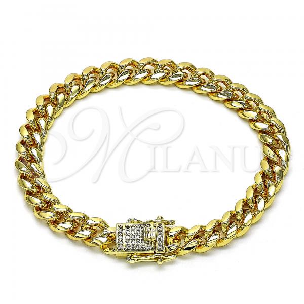 Oro Laminado Basic Bracelet, Gold Filled Style Miami Cuban Design, with White Micro Pave, Polished, Golden Finish, 04.156.0466.07