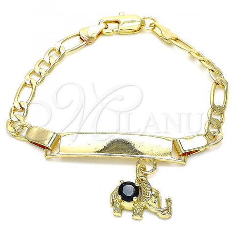Oro Laminado ID Bracelet, Gold Filled Style Nameplate and Elephant Design, with Black Cubic Zirconia, Polished, Golden Finish, 03.63.2175.2.06