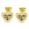 Oro Laminado Stud Earring, Gold Filled Style Heart Design, with Multicolor Micro Pave, Polished, Golden Finish, 02.156.0394.3